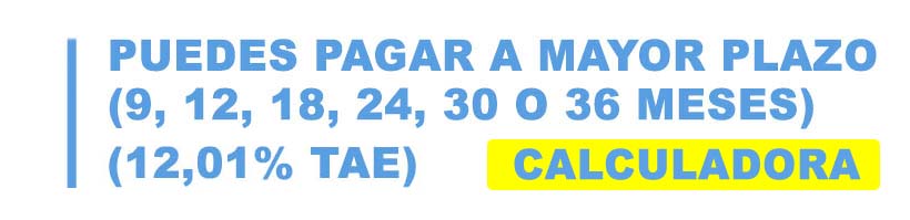 Puedes pagar a mayor plazo: 9,12,18,24,30 o 36 meses compras superiores a 200 € (12,01% TAE)